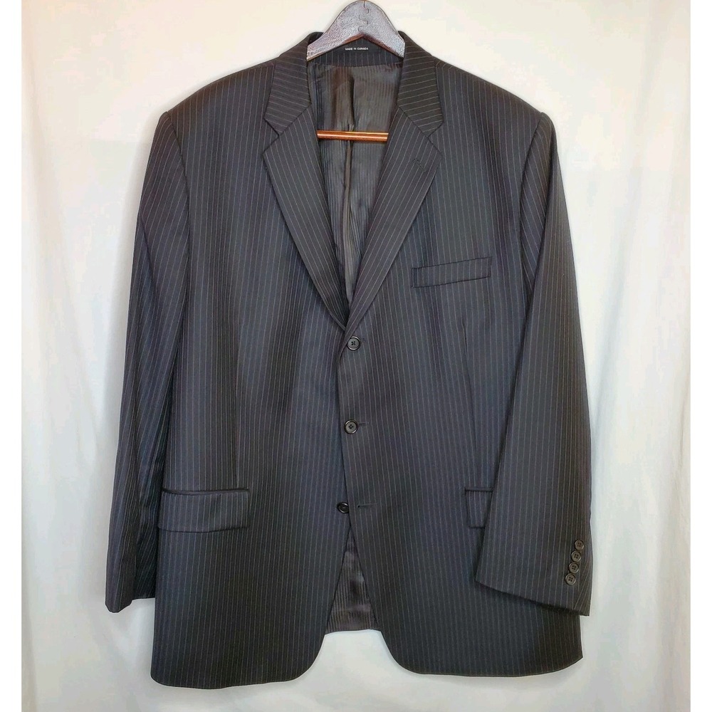 Calvin Klein 2 Piece Pinstripe Suit Mens 48R 42x32 Black 100% Wool Canadian Made
